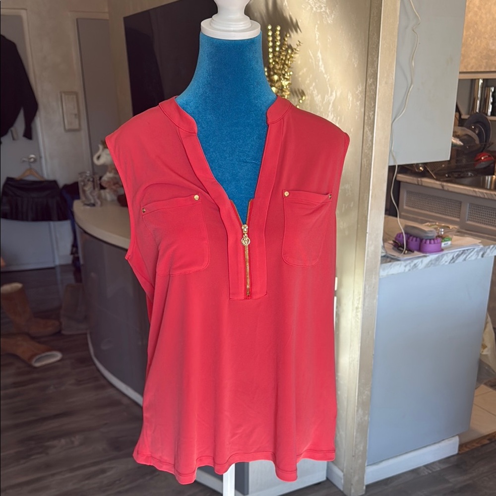 Anne Klein Pink Sleeveless Blouse with Mandarin Collar